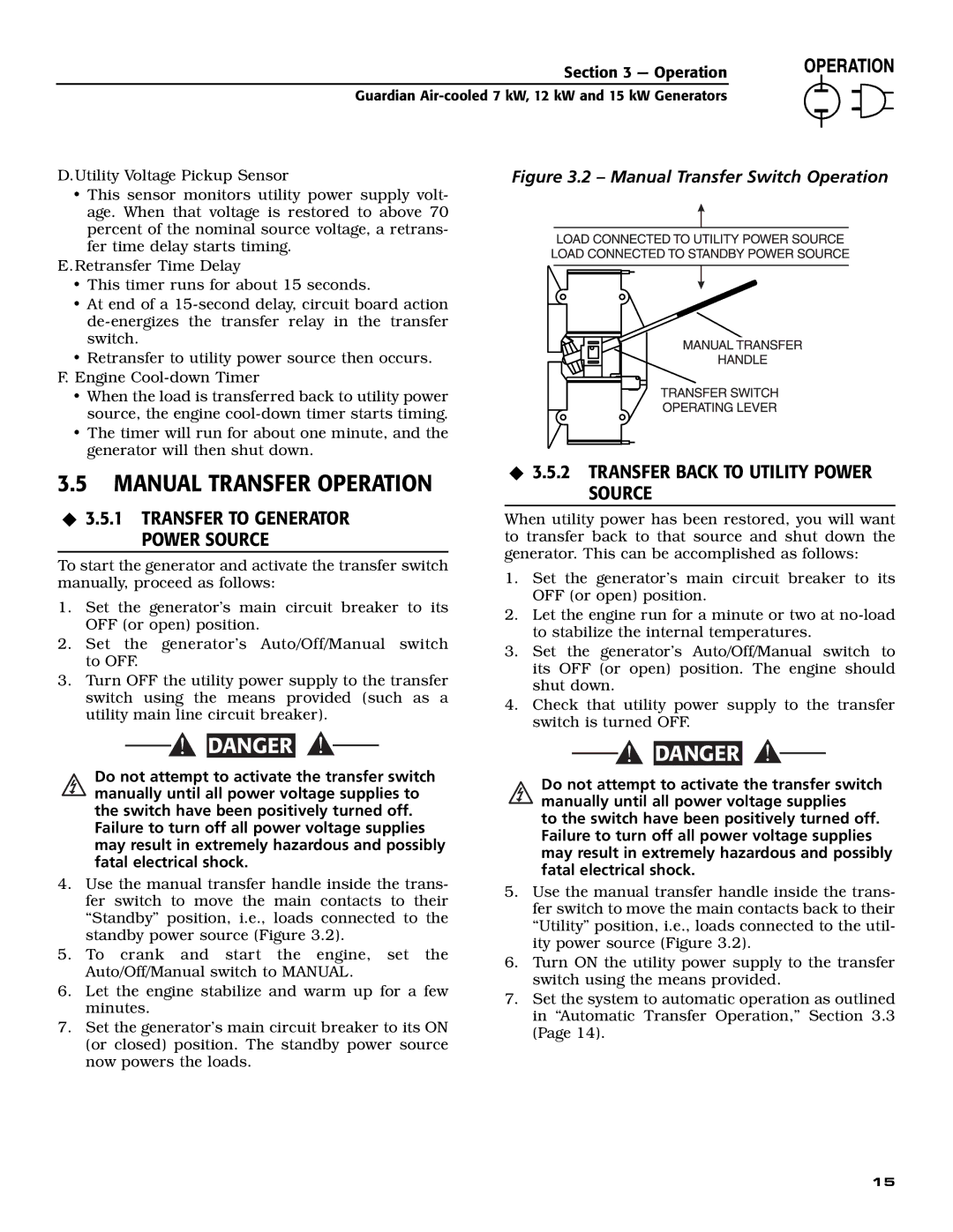 Generac Power Systems 04760-0, 04758-0, 04759-0 Manual Transfer Operation, ‹ 3.5.2 Transfer Back to Utility Power Source 