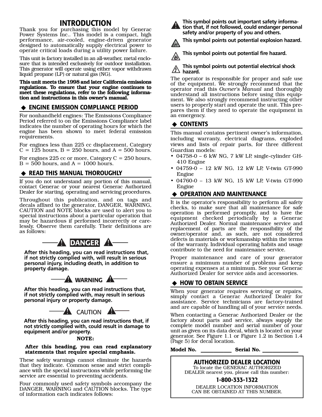 Generac Power Systems 04760-0, 04758-0, 04759-0 owner manual Introduction 