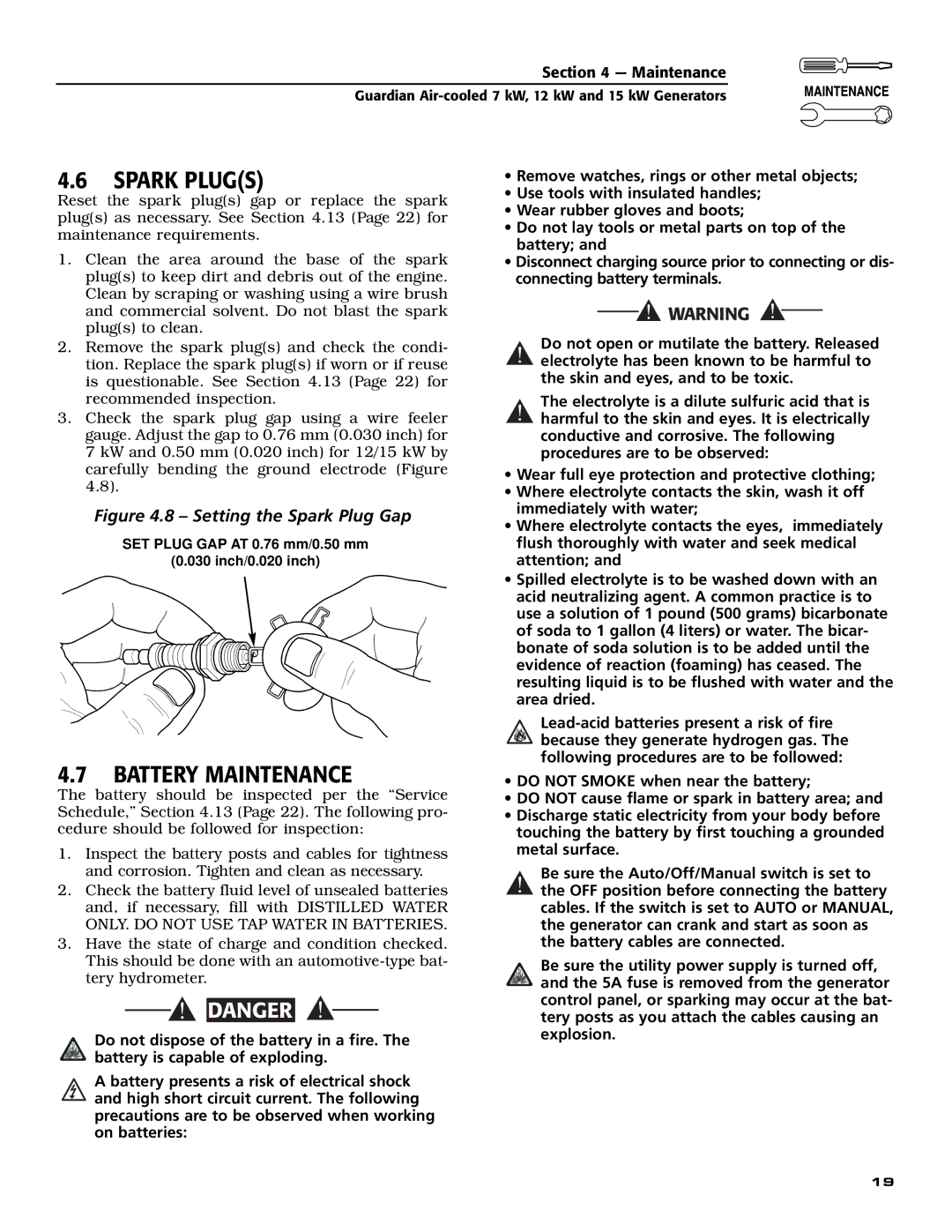 Generac Power Systems 04758-0, 04759-0, 04760-0 owner manual Spark Plugs, Battery Maintenance 