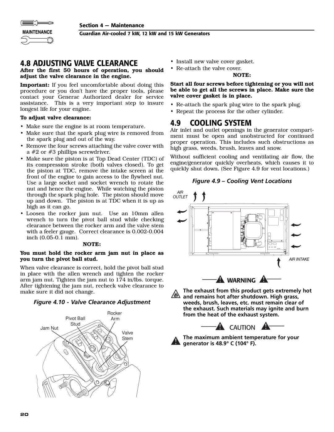 Generac Power Systems 04759-0, 04758-0, 04760-0 owner manual Adjusting Valve Clearance, Cooling System 