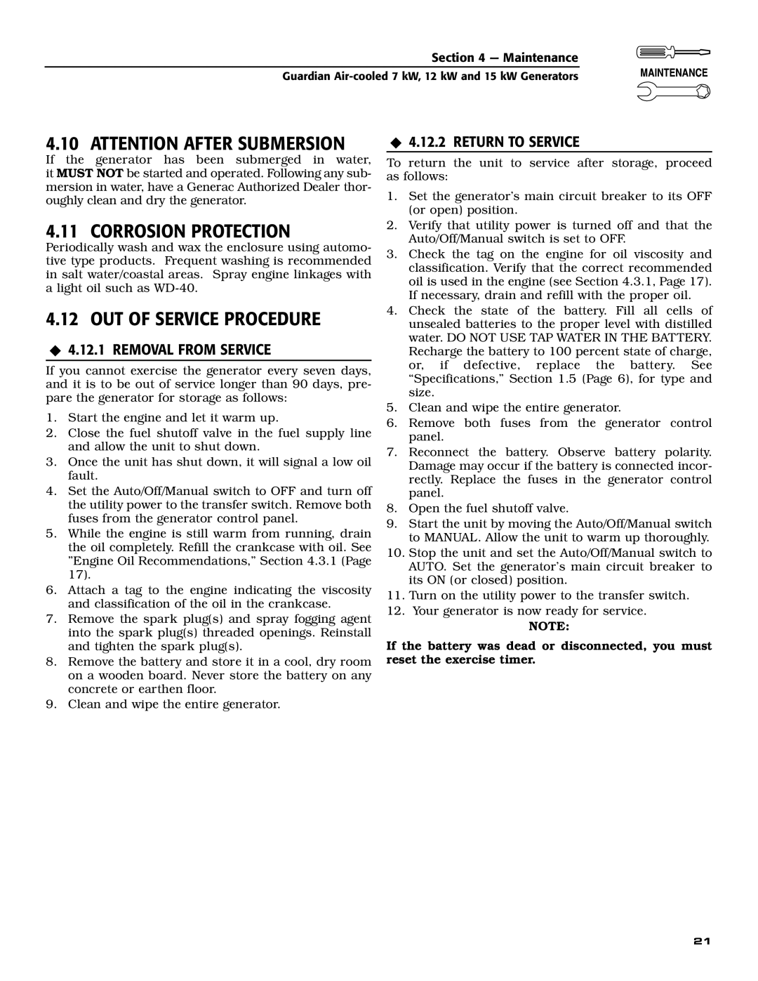 Generac Power Systems 04760-0, 04758-0, 04759-0 Corrosion Protection, OUT of Service Procedure, ‹ 4.12.2 Return to Service 