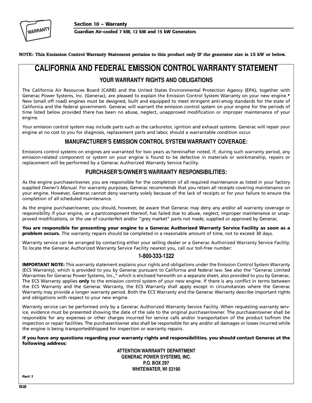 Generac Power Systems 04758-0, 04759-0, 04760-0 owner manual California and Federal Emission Control Warranty Statement 