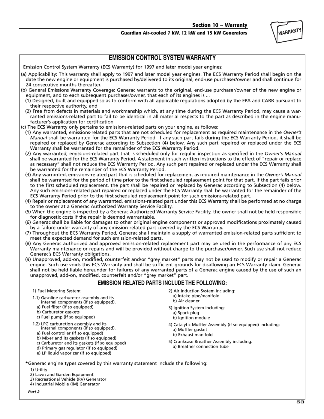 Generac Power Systems 04759-0, 04758-0, 04760-0 owner manual Emission Control System Warranty 