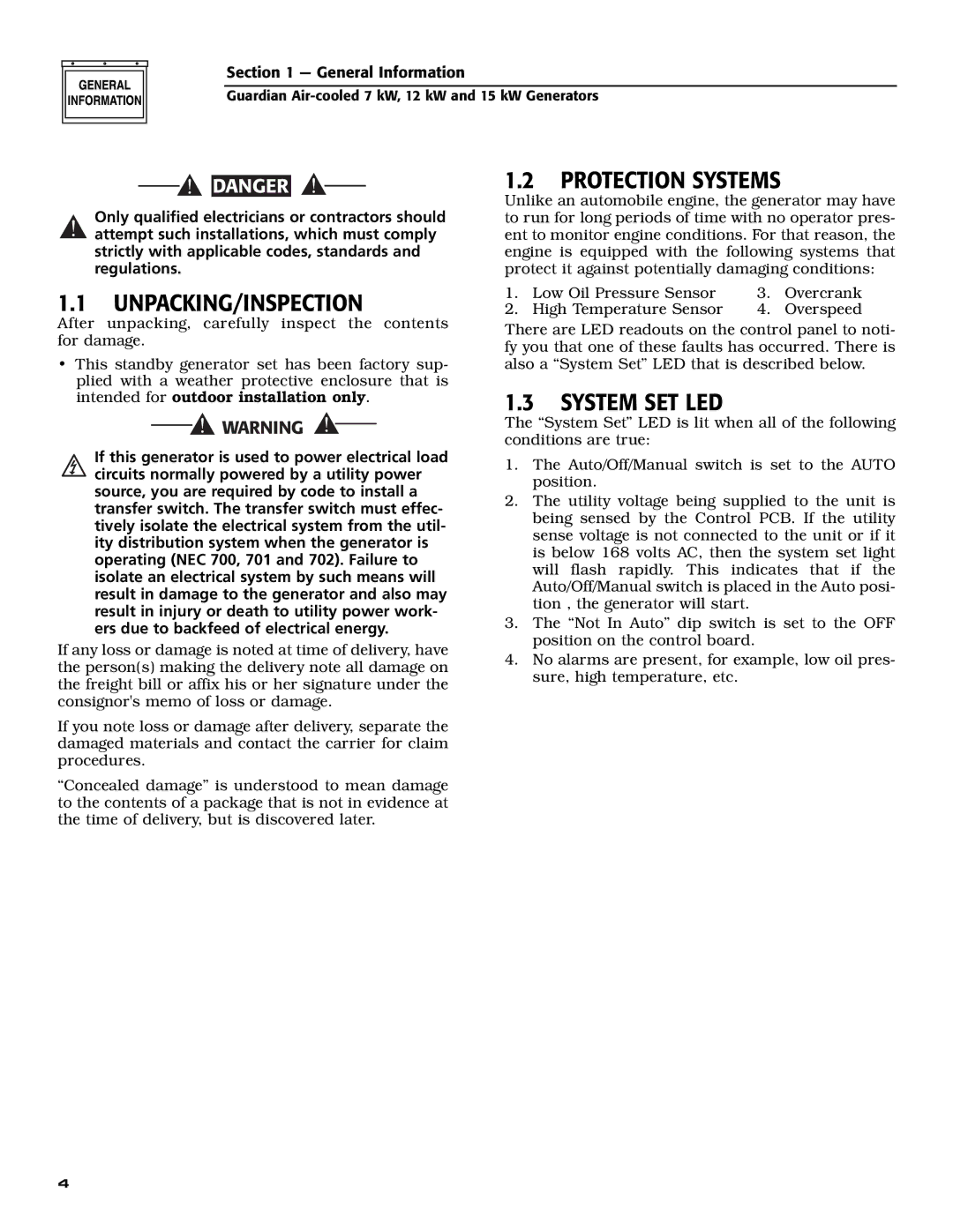 Generac Power Systems 04758-0, 04759-0, 04760-0 owner manual Unpacking/Inspection, Protection Systems, System SET LED 