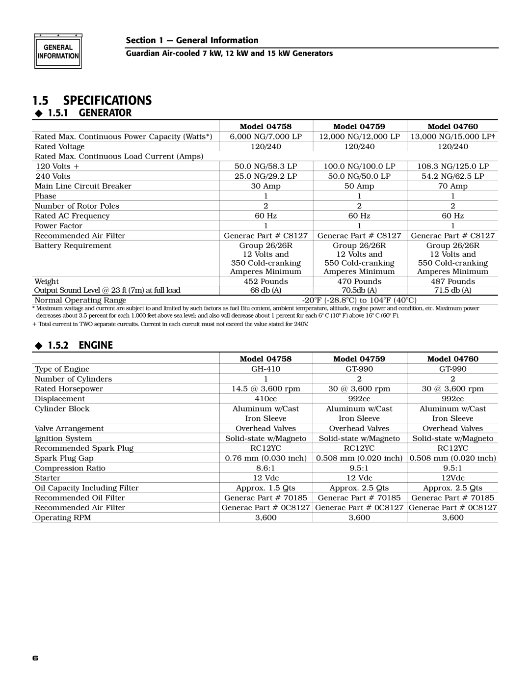 Generac Power Systems 04760-0, 04758-0, 04759-0 owner manual Specifications, ‹ 1.5.1 Generator, ‹ 1.5.2 Engine 