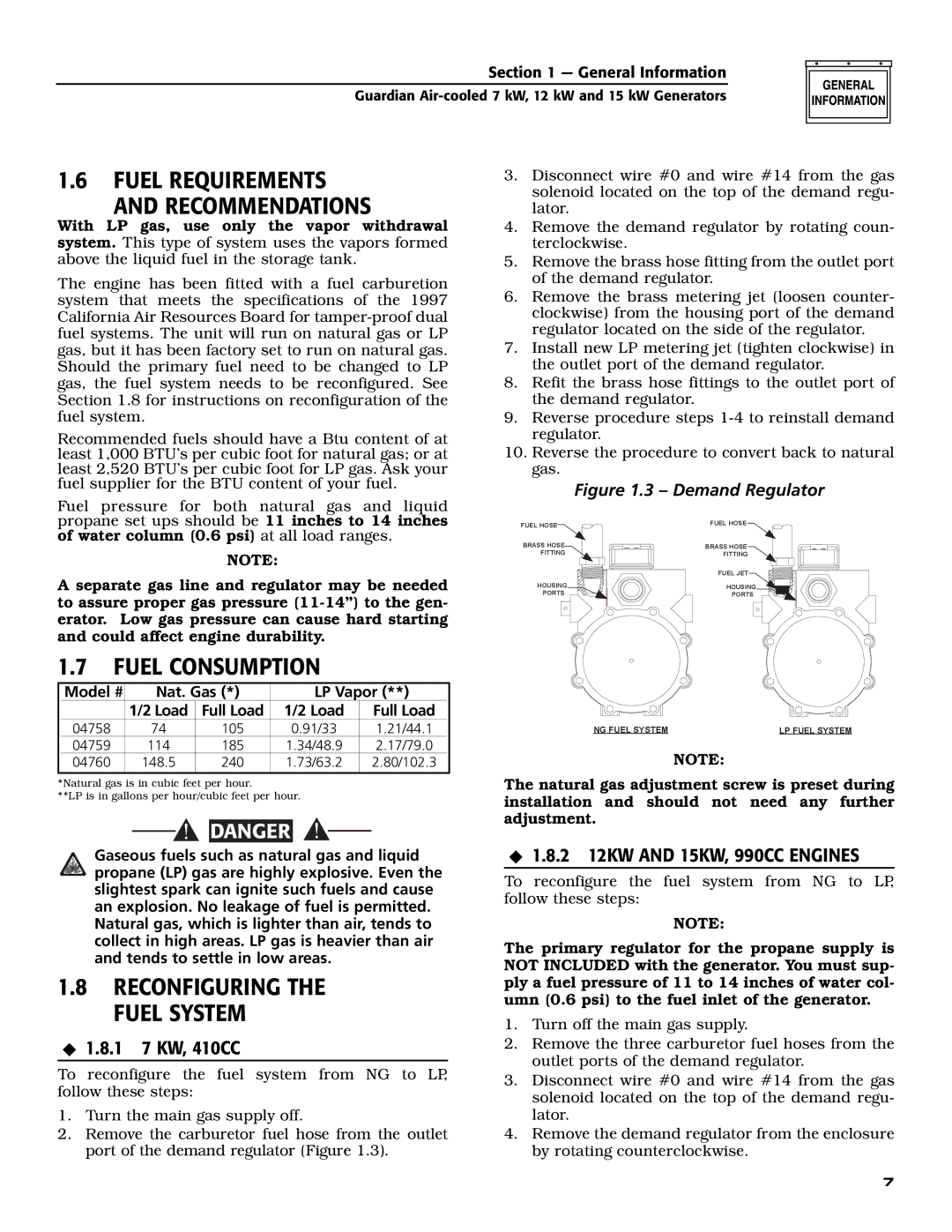 Generac Power Systems 04758-0, 04759-0 Fuel Requirements Recommendations, Fuel Consumption, Reconfiguring the Fuel System 