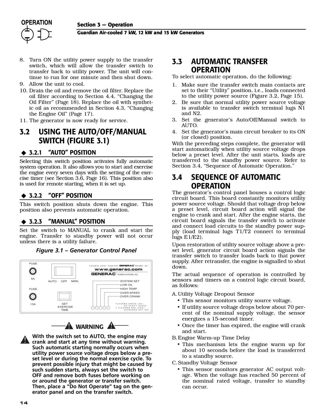 Generac Power Systems 04759-0 Automatic Transfer Operation, Sequence Of Automatic Operation, ‹ 3.2.1 “AUTO” POSITION 