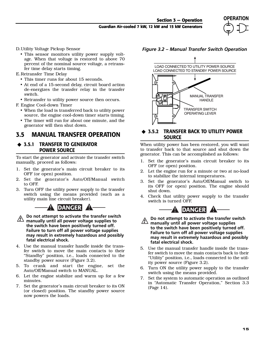Generac Power Systems 04760-0, 04758-0 Manual Transfer Operation, ‹ 3.5.2 TRANSFER BACK TO UTILITY POWER SOURCE, Danger 