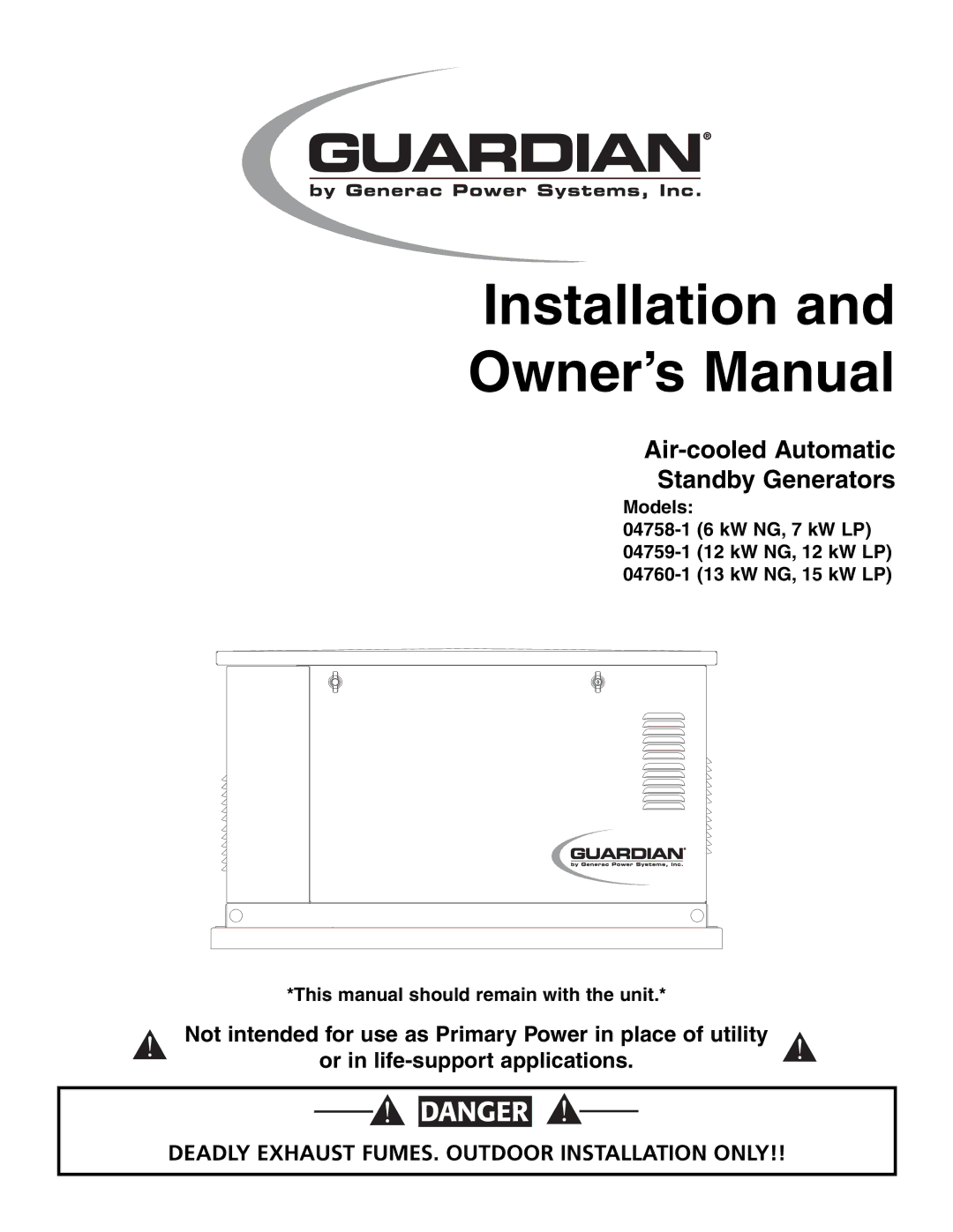 Generac Power Systems 04758-1, 04759-1, 04760-1 owner manual Installation 