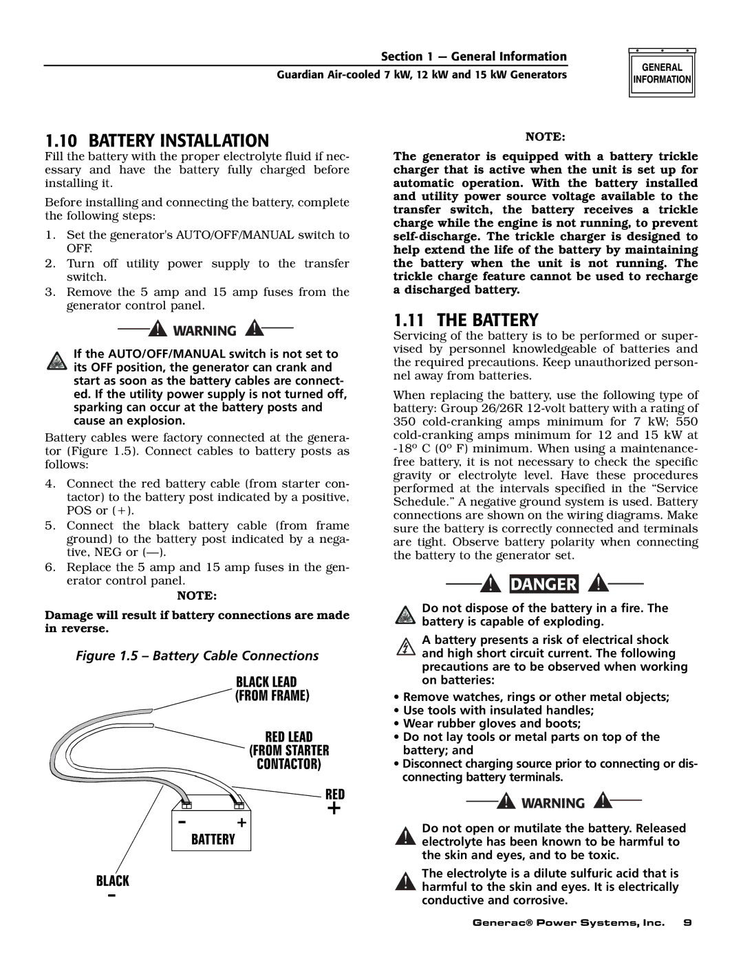 Generac Power Systems 04758-1, 04759-1, 04760-1 owner manual Battery Installation 