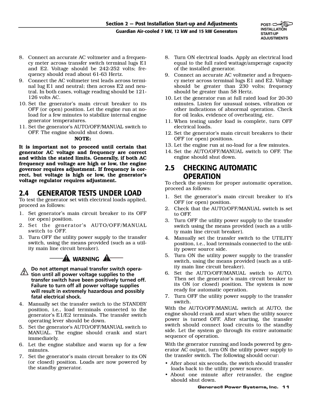 Generac Power Systems 04758-1, 04759-1, 04760-1 owner manual Generator Tests Under Load, Checking Automatic Operation 