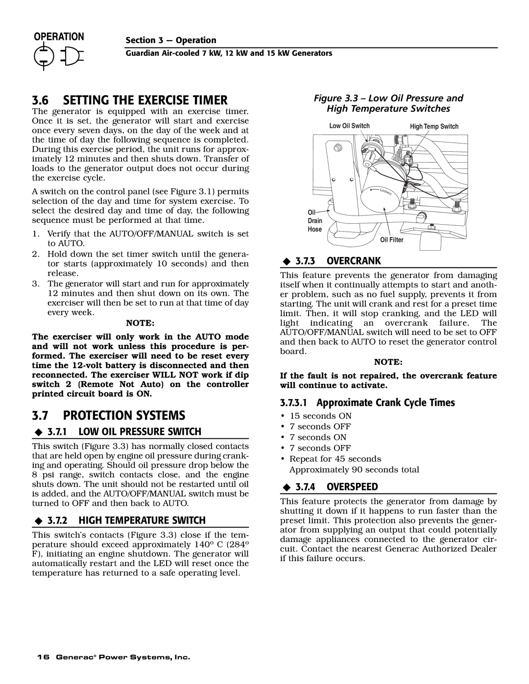 Generac Power Systems 04758-1, 04759-1, 04760-1 owner manual Setting the Exercise Timer, ‹ 3.7.1 LOW OIL Pressure Switch 