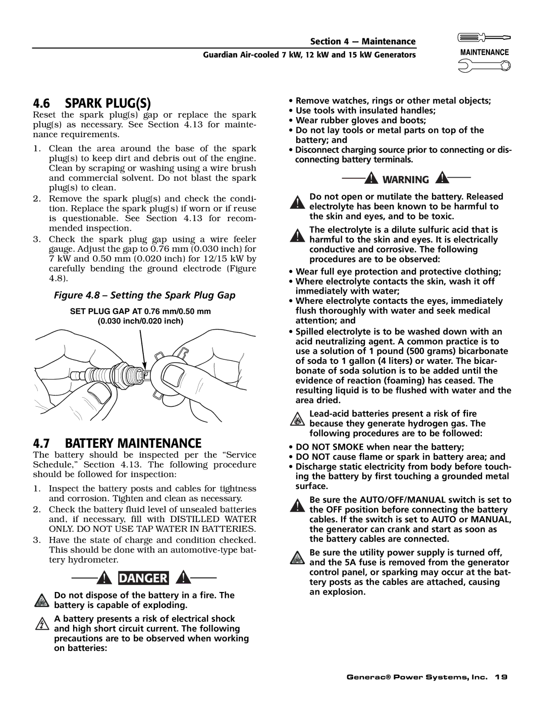 Generac Power Systems 04758-1, 04759-1, 04760-1 owner manual Spark Plugs, Battery Maintenance 