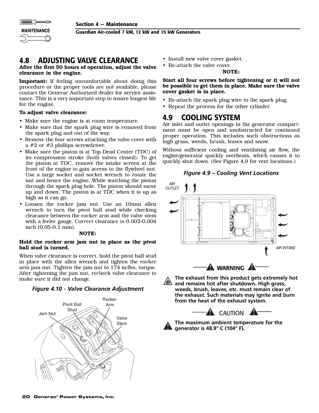 Generac Power Systems 04758-1, 04759-1, 04760-1 owner manual Adjusting Valve Clearance, Cooling System 