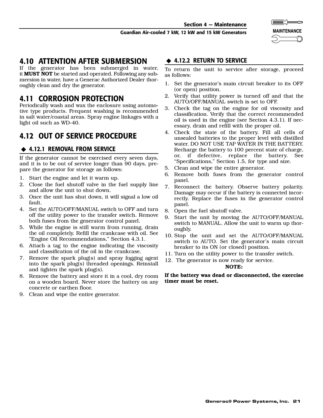 Generac Power Systems 04758-1, 04759-1, 04760-1 Corrosion Protection, OUT of Service Procedure, ‹ 4.12.2 Return to Service 