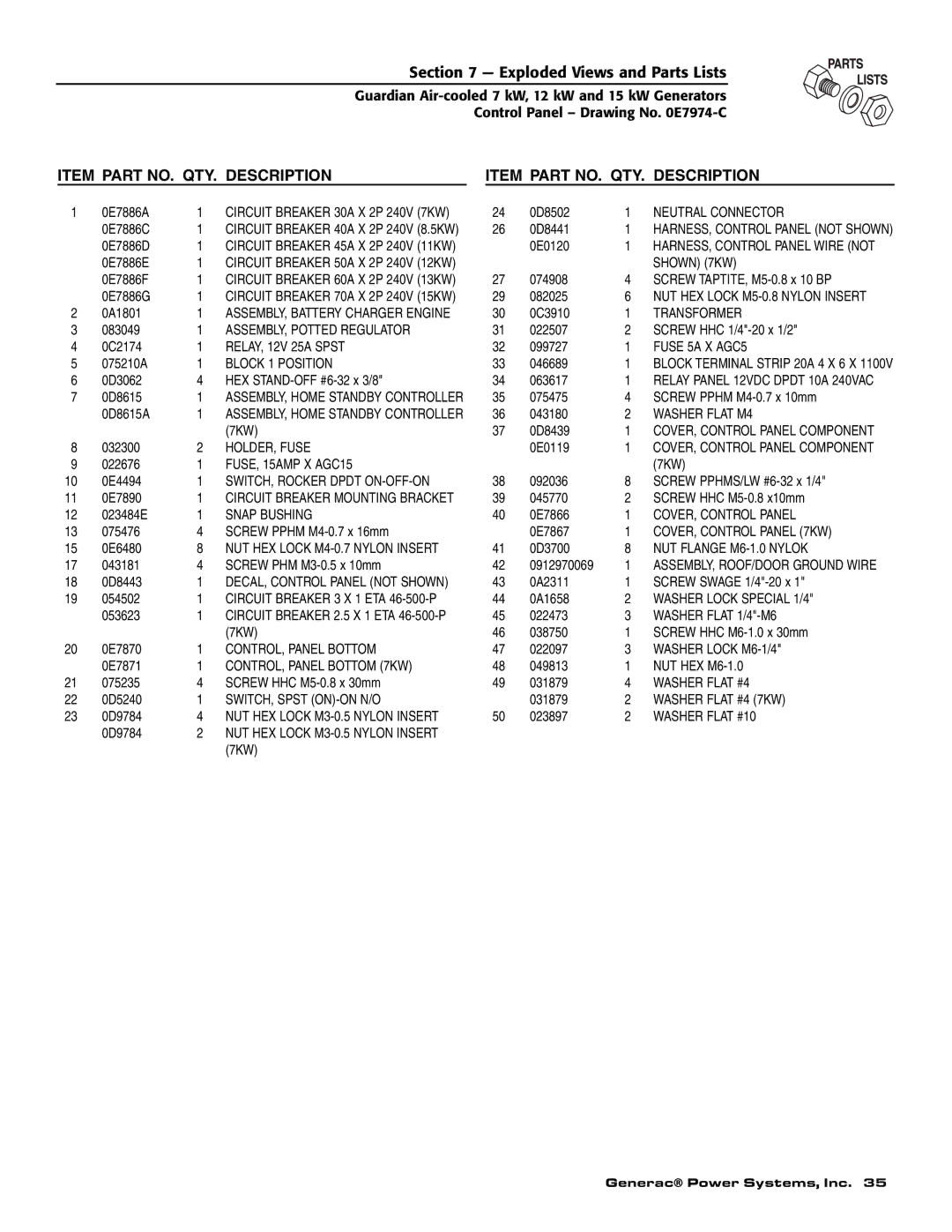 Generac Power Systems 04758-1, 04759-1, 04760-1 owner manual Part NO. QTY. Description 