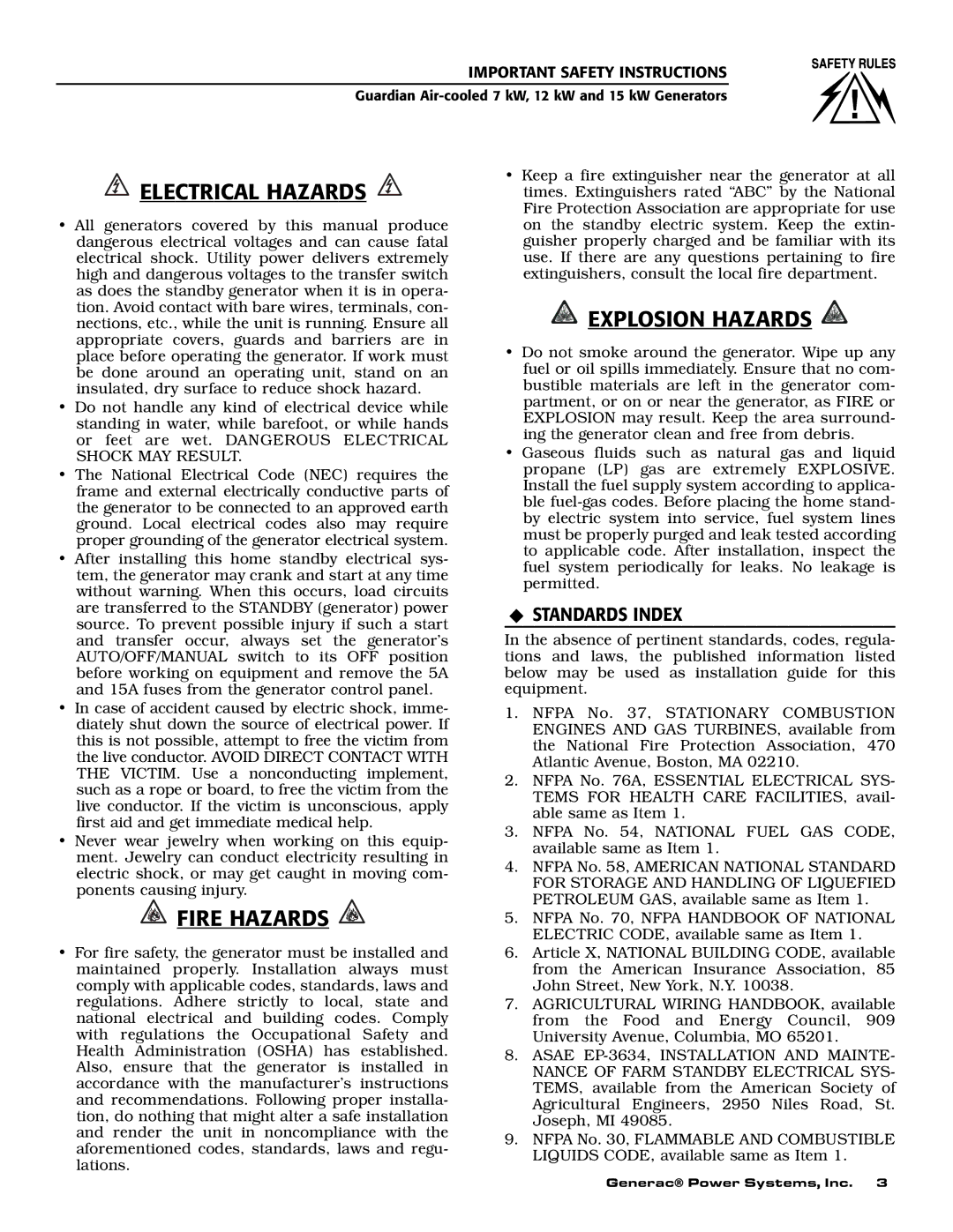 Generac Power Systems 04758-1, 04759-1, 04760-1 owner manual Electrical Hazards, ‹ Standards Index 