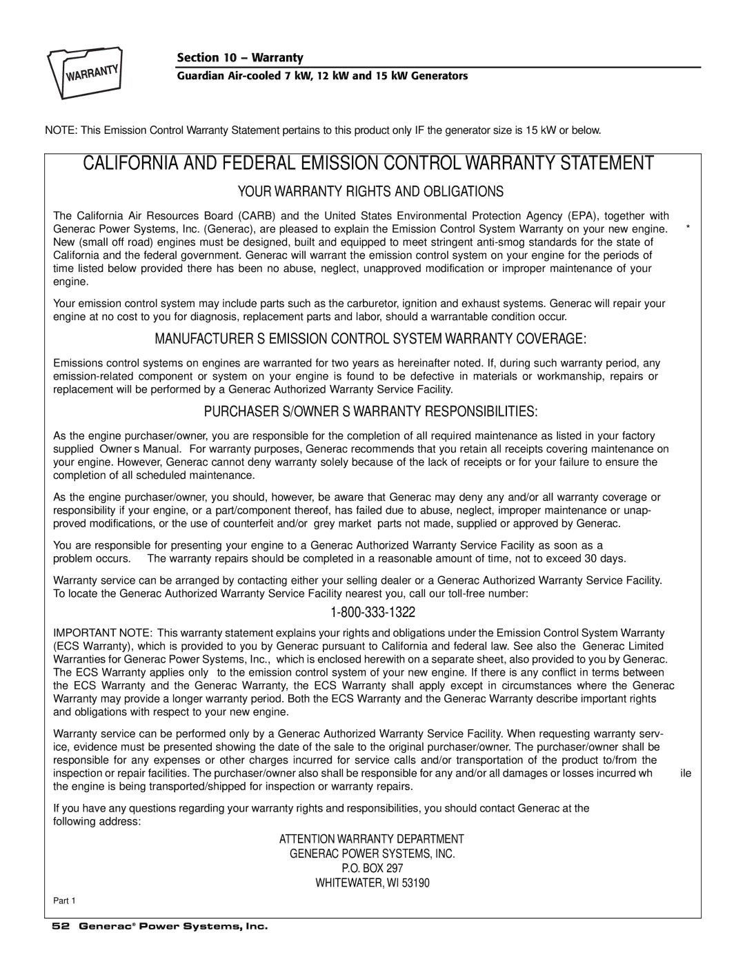 Generac Power Systems 04758-1, 04759-1, 04760-1 owner manual California and Federal Emission Control Warranty Statement 