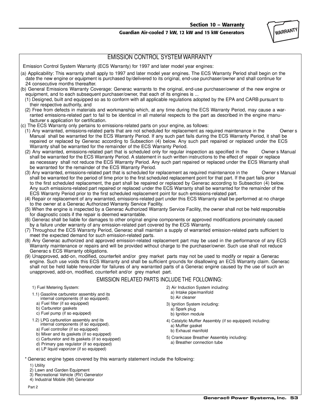 Generac Power Systems 04758-1, 04759-1, 04760-1 owner manual Emission Control System Warranty 