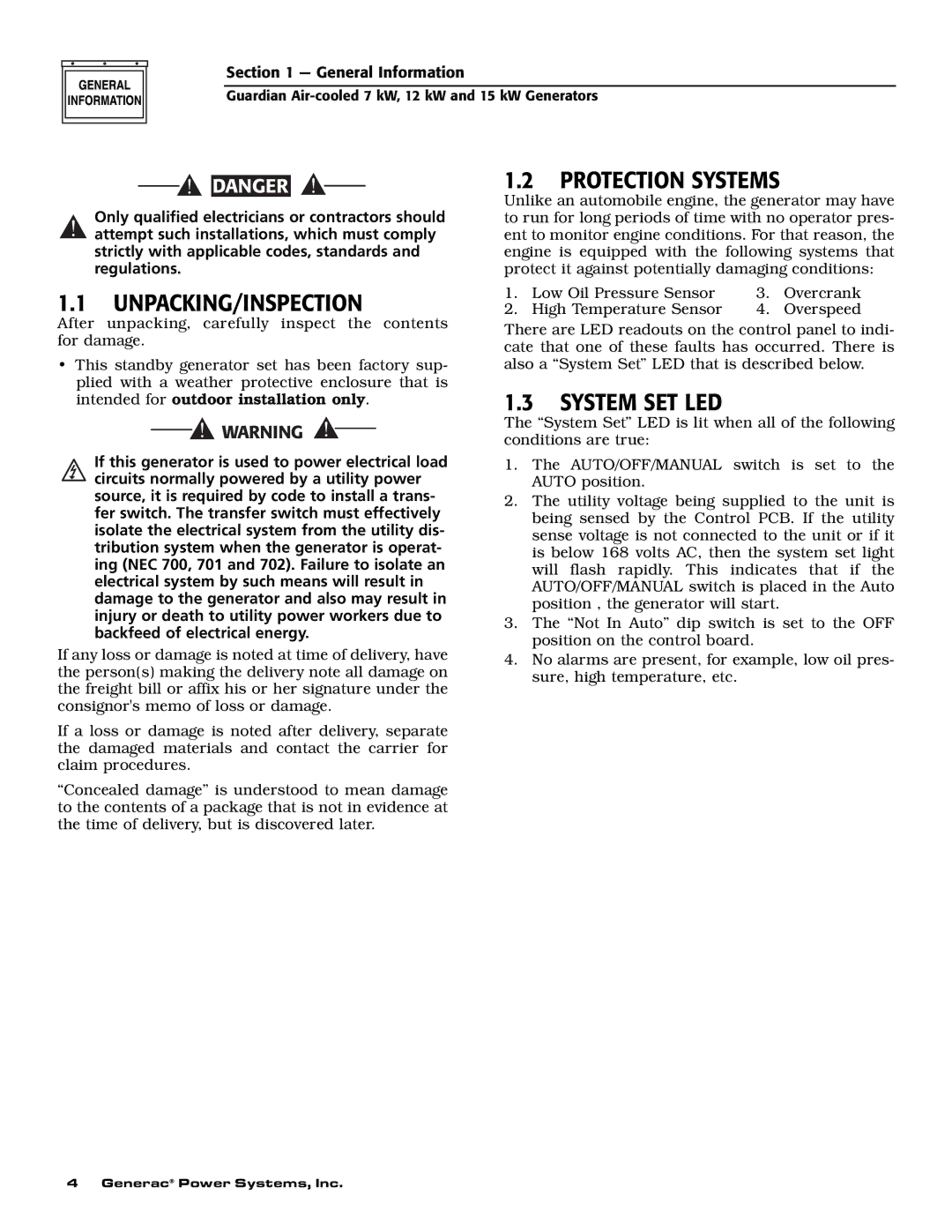 Generac Power Systems 04758-1, 04759-1, 04760-1 owner manual Unpacking/Inspection, Protection Systems, System SET LED 