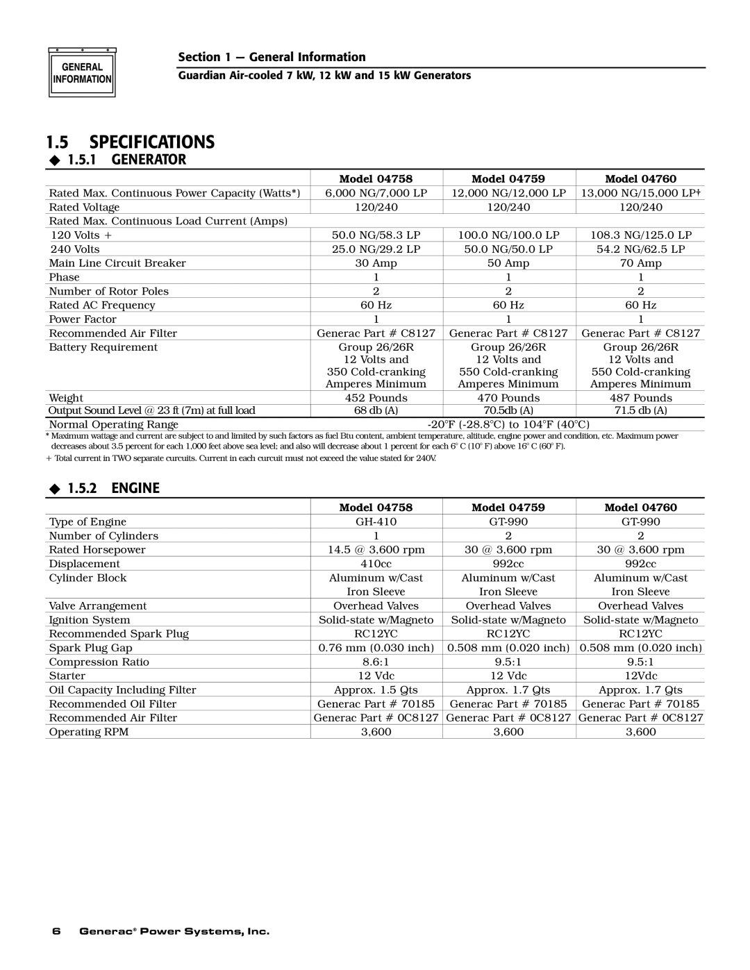 Generac Power Systems 04758-1, 04759-1, 04760-1 owner manual Specifications, ‹ 1.5.1 Generator, ‹ 1.5.2 Engine 