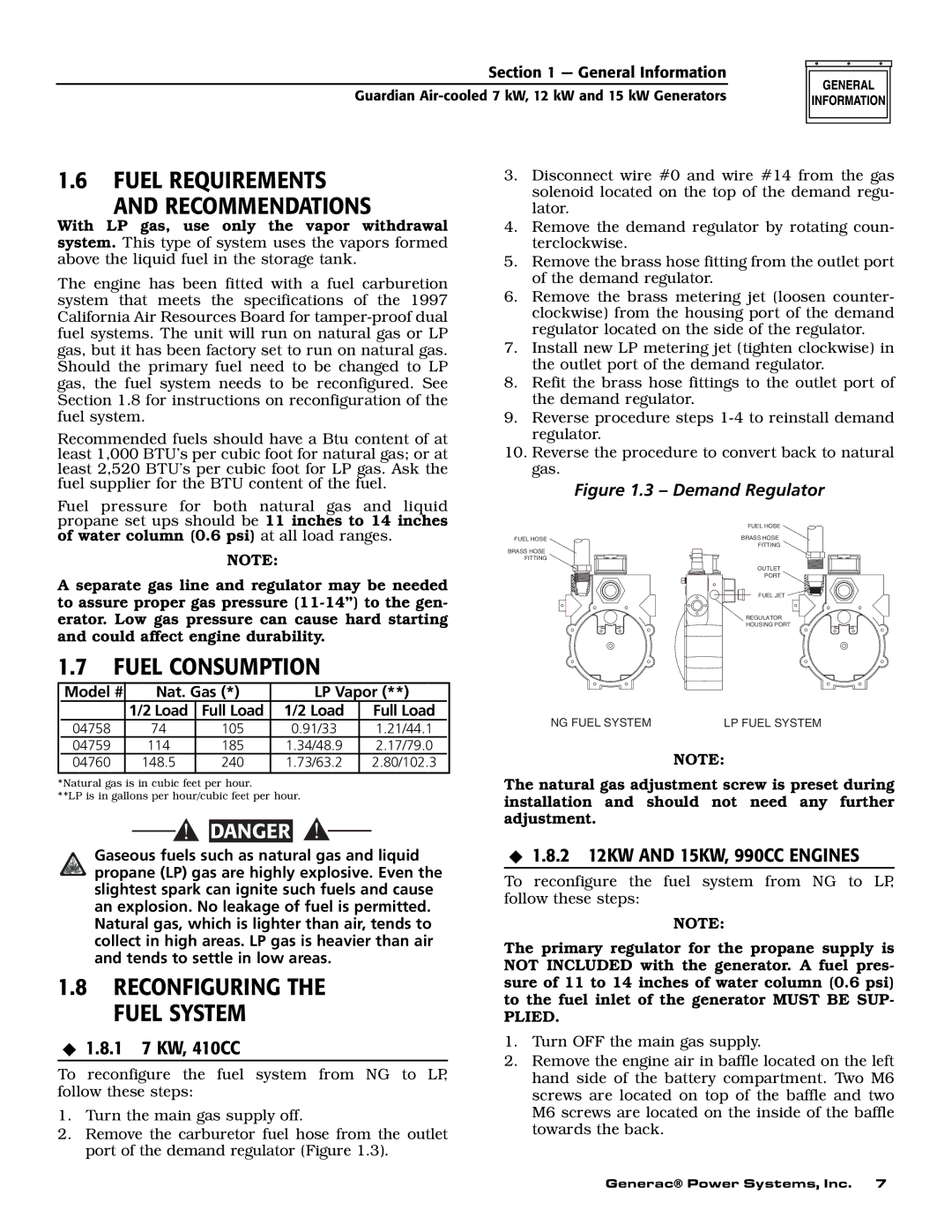 Generac Power Systems 04758-1, 04759-1, 04760-1 Fuel Requirements Recommendations, Fuel Consumption, 1 7 KW, 410CC 