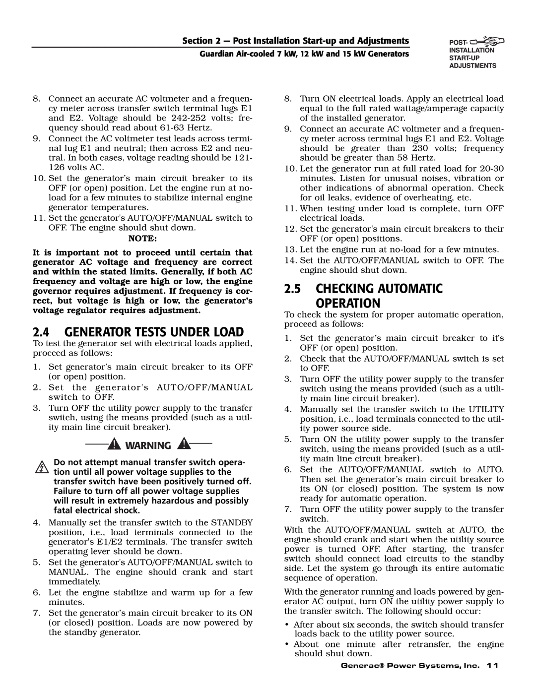 Generac Power Systems 04758-1, 04759-1, 04760-1 owner manual Generator Tests Under Load, Checking Automatic Operation 