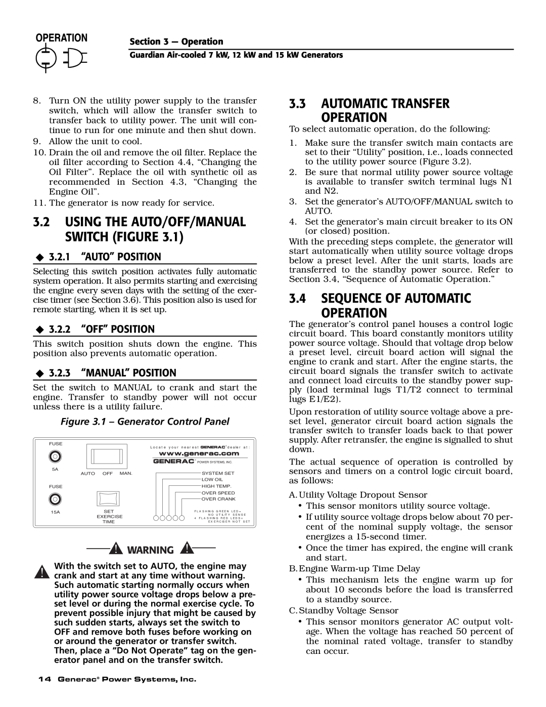 Generac Power Systems 04758-1, 04759-1, 04760-1 owner manual Automatic Transfer Operation, Sequence Of Automatic Operation 