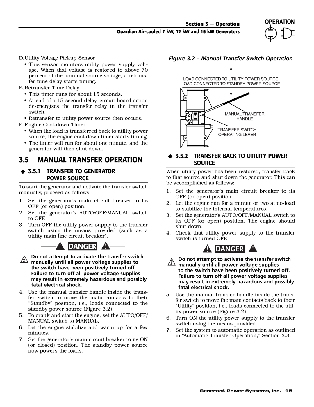 Generac Power Systems 04758-1, 04759-1, 04760-1 Manual Transfer Operation, ‹ 3.5.2 TRANSFER BACK TO UTILITY POWER SOURCE 
