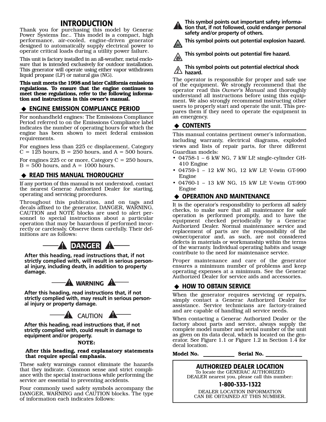 Generac Power Systems 04758-1, 04759-1, 04760-1 Introduction, Danger, ‹ Engine Emission Compliance Period, ‹ Contents 