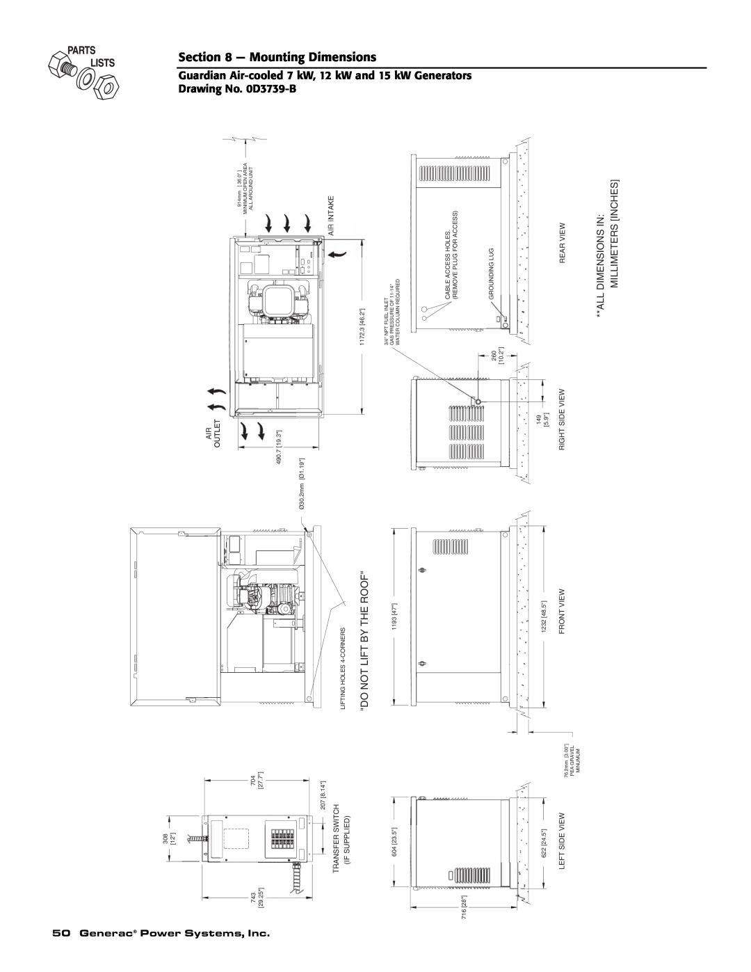 Generac Power Systems 04758-1, 04759-1, 04760-1 owner manual Mounting, Guardian Air-cooled 7 kW, 12 Drawing No. 0D3739-B 