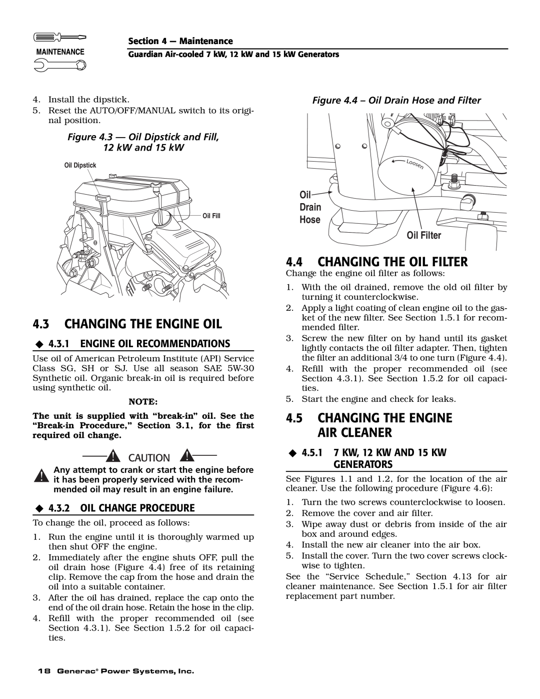 Generac Power Systems 04758-2, 04759-2, 04760-2 owner manual Changing The Engine Oil, Changing The Oil Filter 