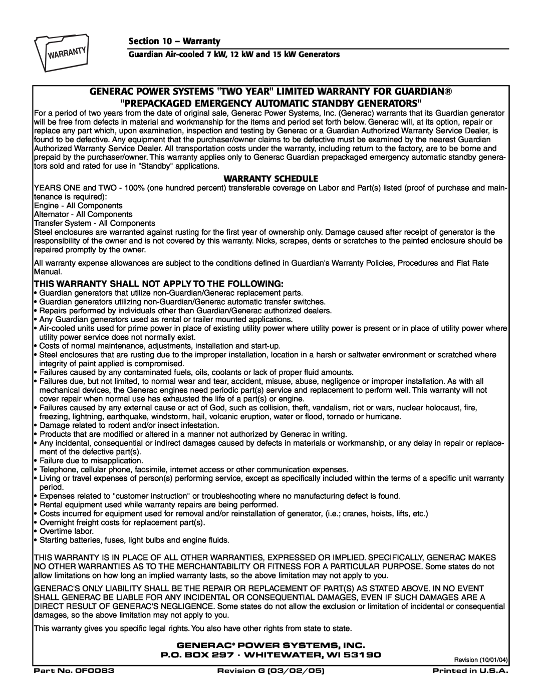 Generac Power Systems 04758-2, 04759-2, 04760-2 owner manual Generac Power Systems Two Year Limited Warranty For Guardian 