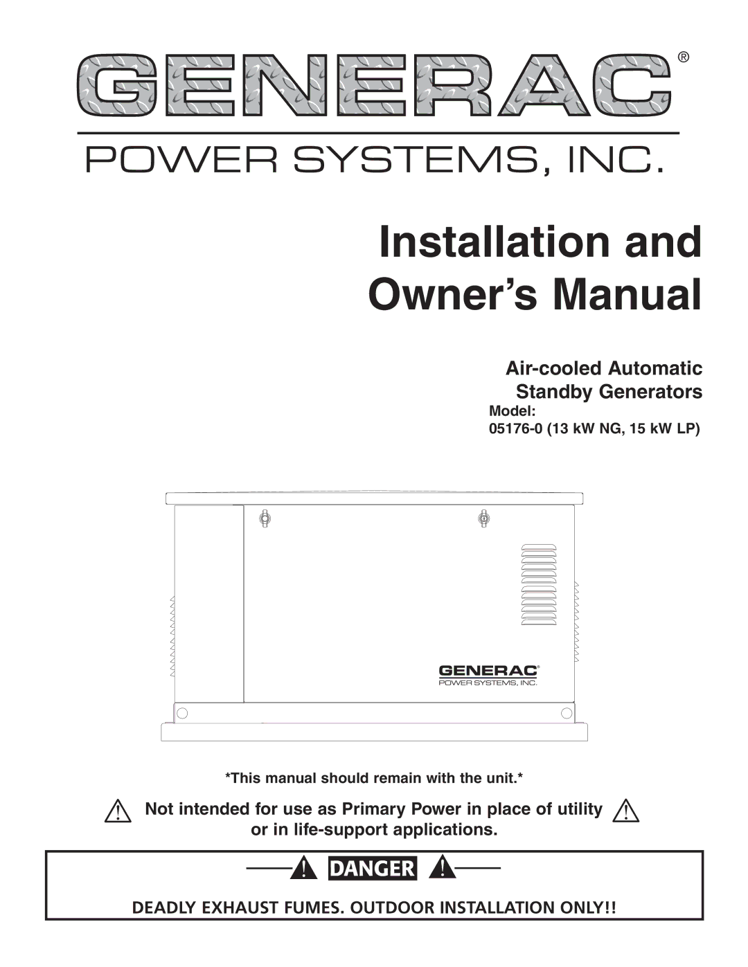 Generac Power Systems 05176-0 owner manual Installation 