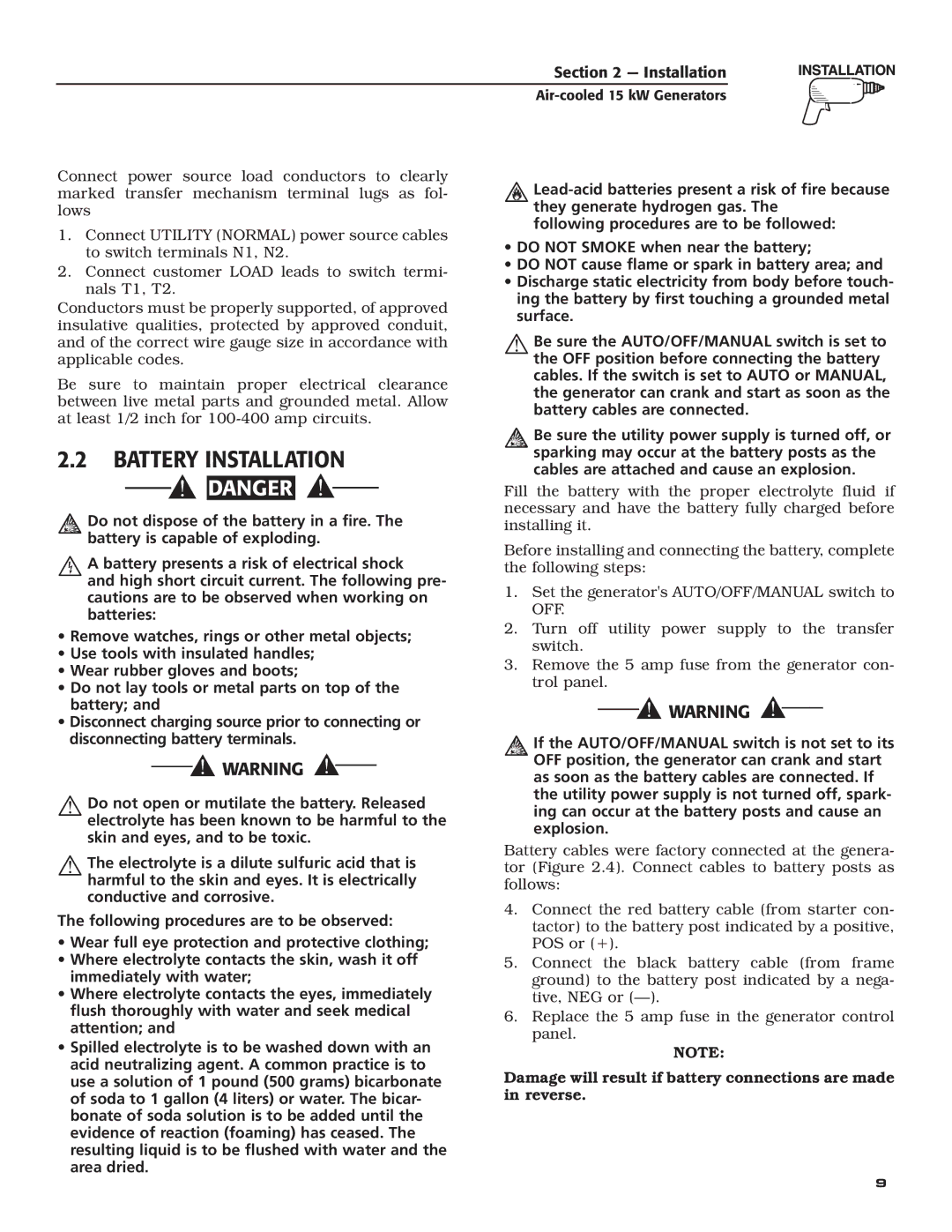 Generac Power Systems 05176-0 owner manual Battery Installation 