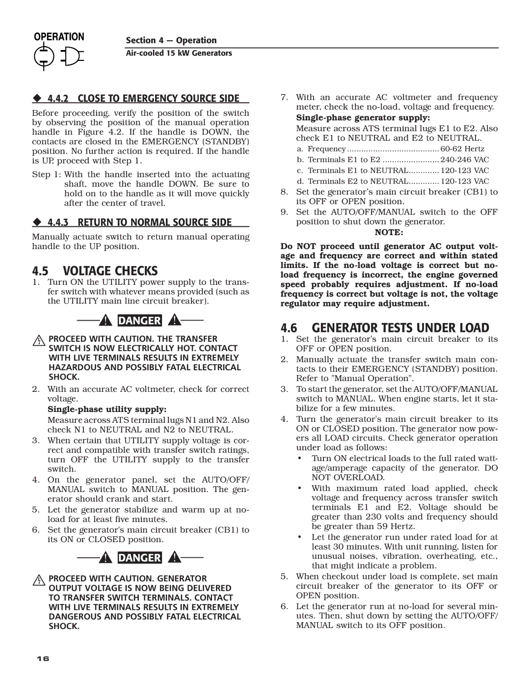 Generac Power Systems 05176-0 Voltage Checks, ‹ 4.4.2 Close to Emergency Source Side, ‹ 4.4.3 Return to Normal Source Side 