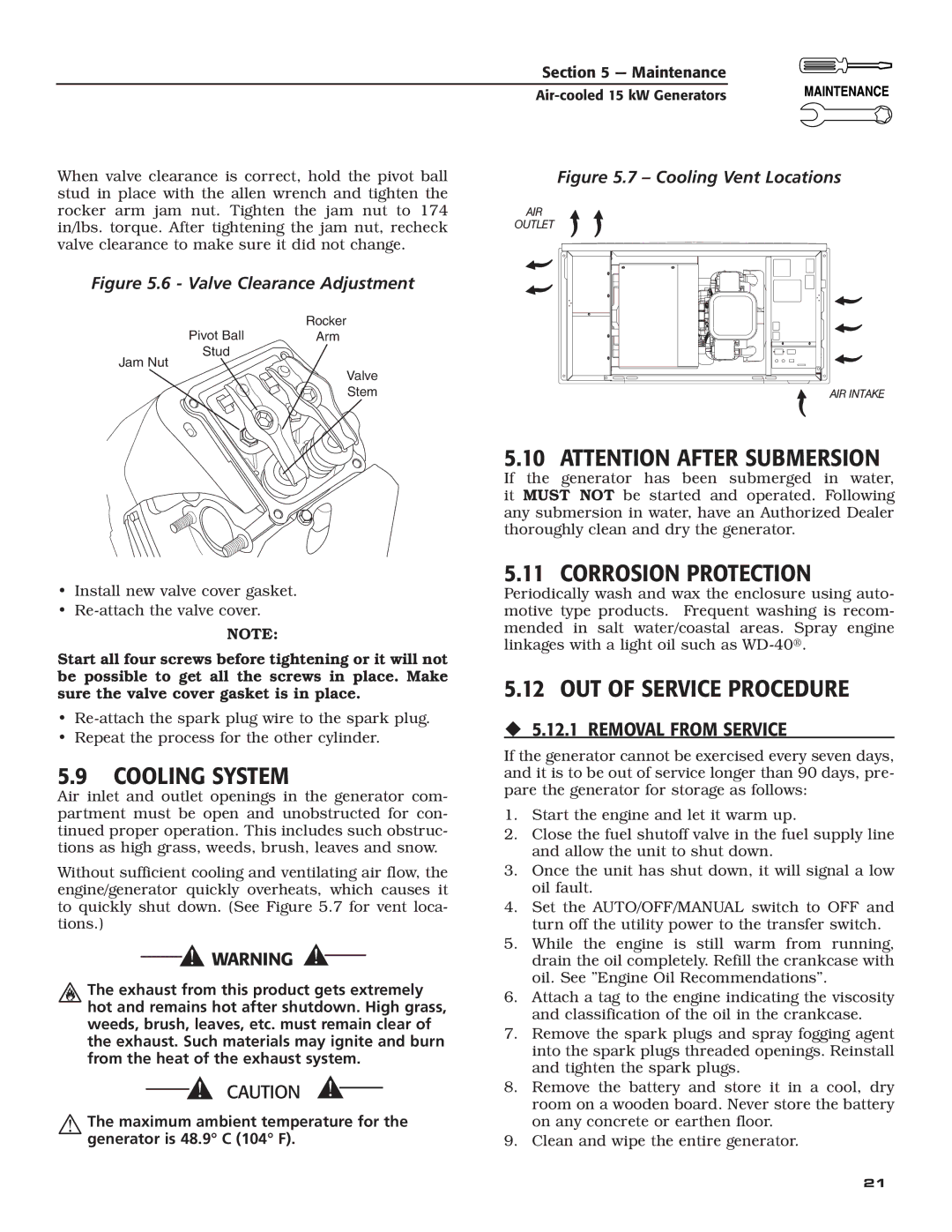 Generac Power Systems 05176-0 owner manual Cooling System, Corrosion Protection, OUT of Service Procedure 