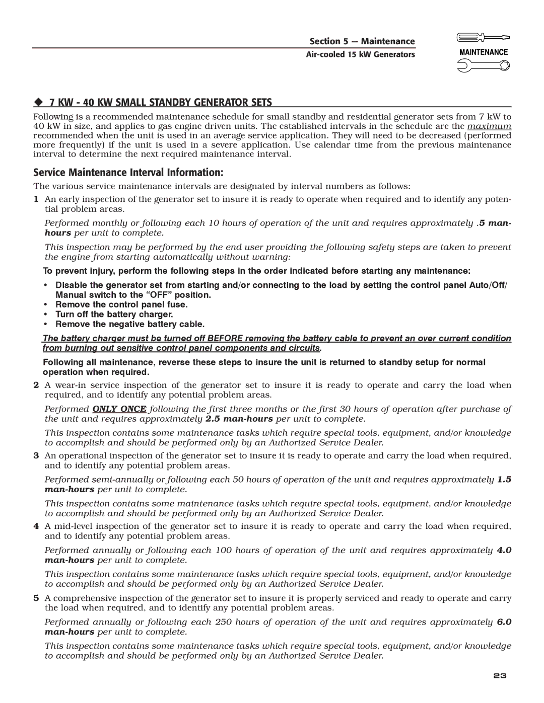 Generac Power Systems 05176-0 ‹ 7 KW 40 KW Small Standby Generator Sets, Service Maintenance Interval Information 