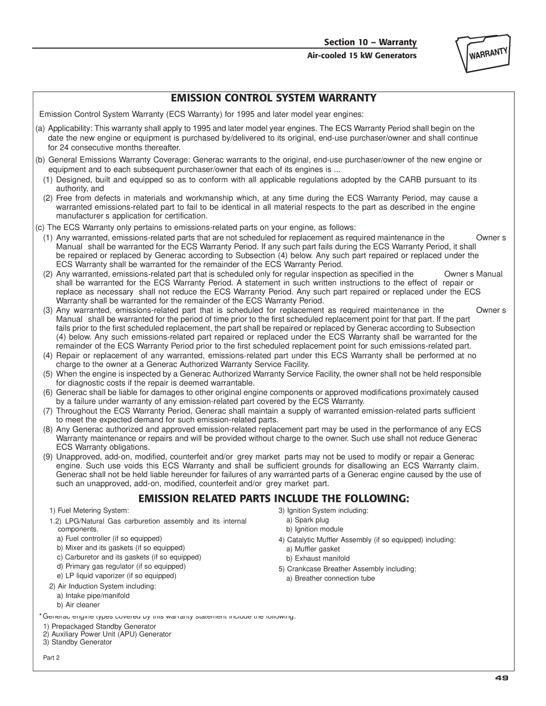 Generac Power Systems 05176-0 owner manual Emission Control System Warranty, Emission Related Parts Include the Following 