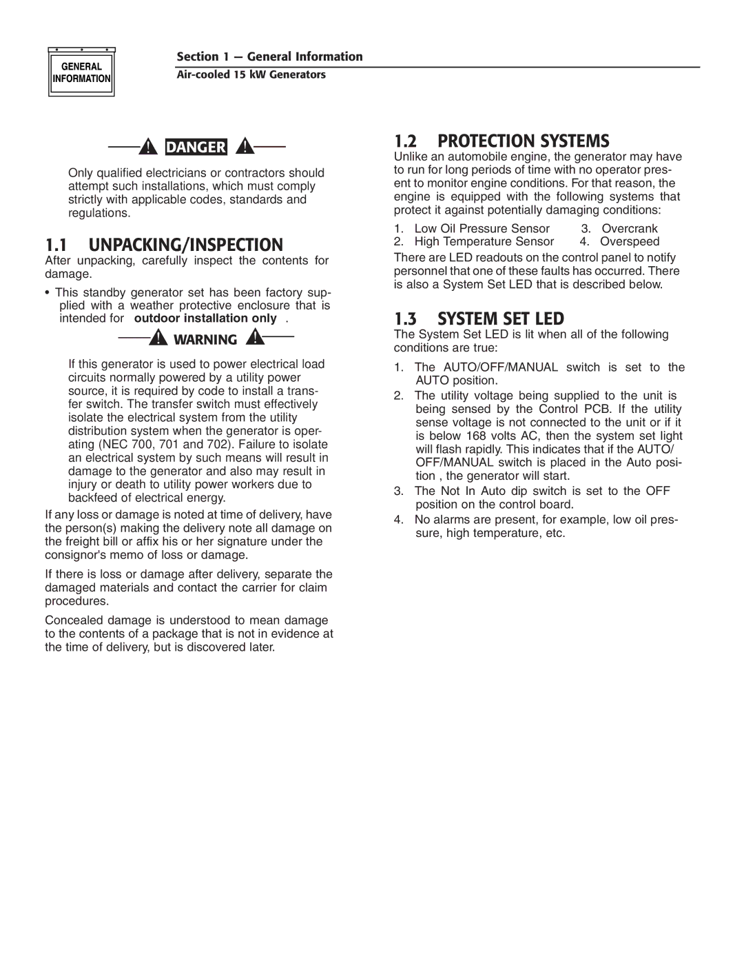 Generac Power Systems 05176-0 owner manual Unpacking/Inspection, Protection Systems, System SET LED 