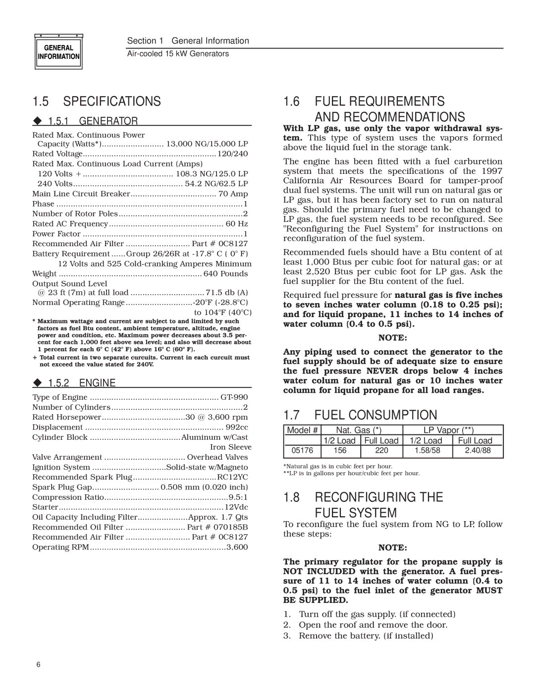 Generac Power Systems 05176-0 Specifications, Fuel Requirements Recommendations, Fuel Consumption, ‹ 1.5.1 Generator 