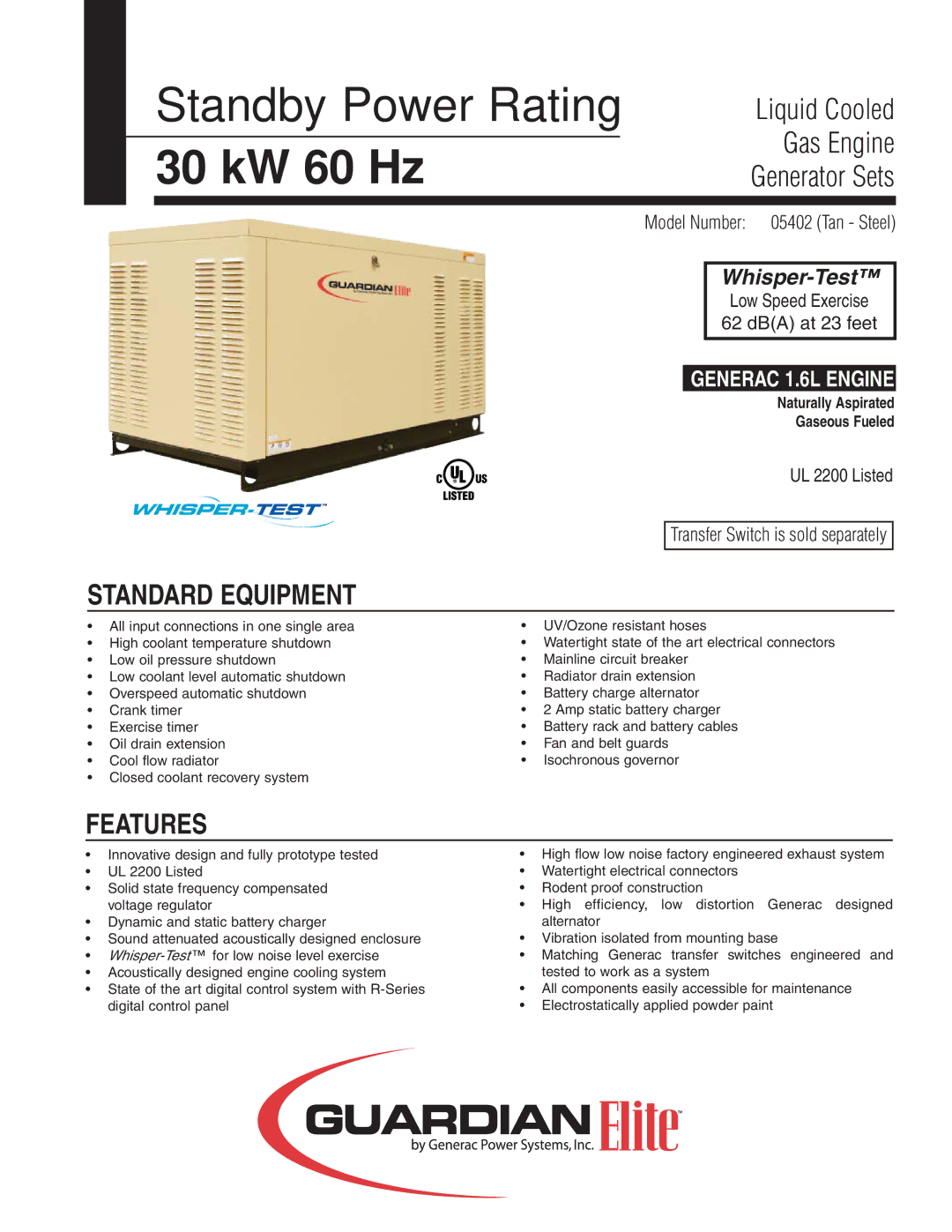 Generac Power Systems 05402 manual Standard Equipment, Features 