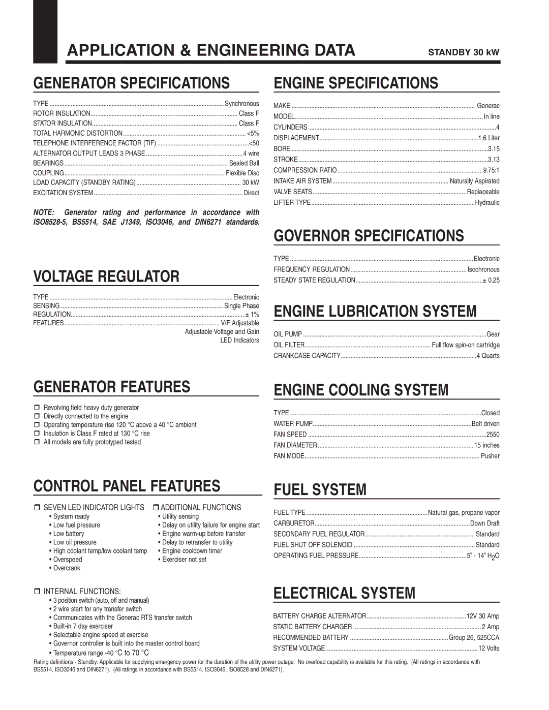 Generac Power Systems 05402 Application & Engineering Data, Engine Specifications, Voltage Regulator, Generator Features 