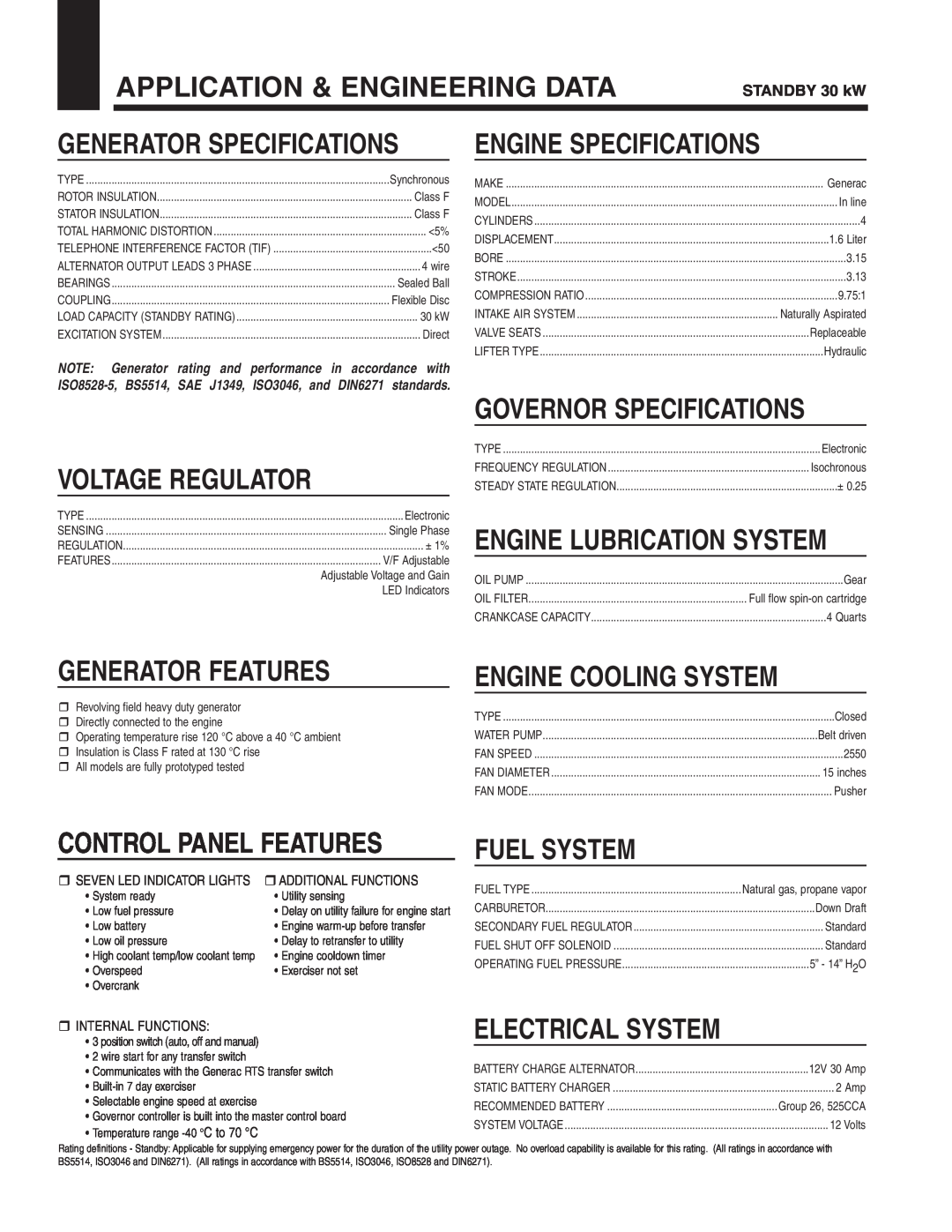 Generac Power Systems 05402 Application & Engineering Data, Engine Specifications, Voltage Regulator, Generator Features 