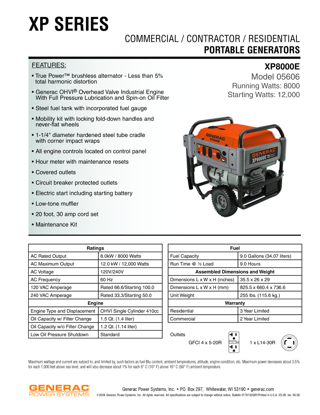 Generac Power Systems 05606 dimensions Ratings, Engine, Fuel, Assembled Dimensions and Weight, Warranty 