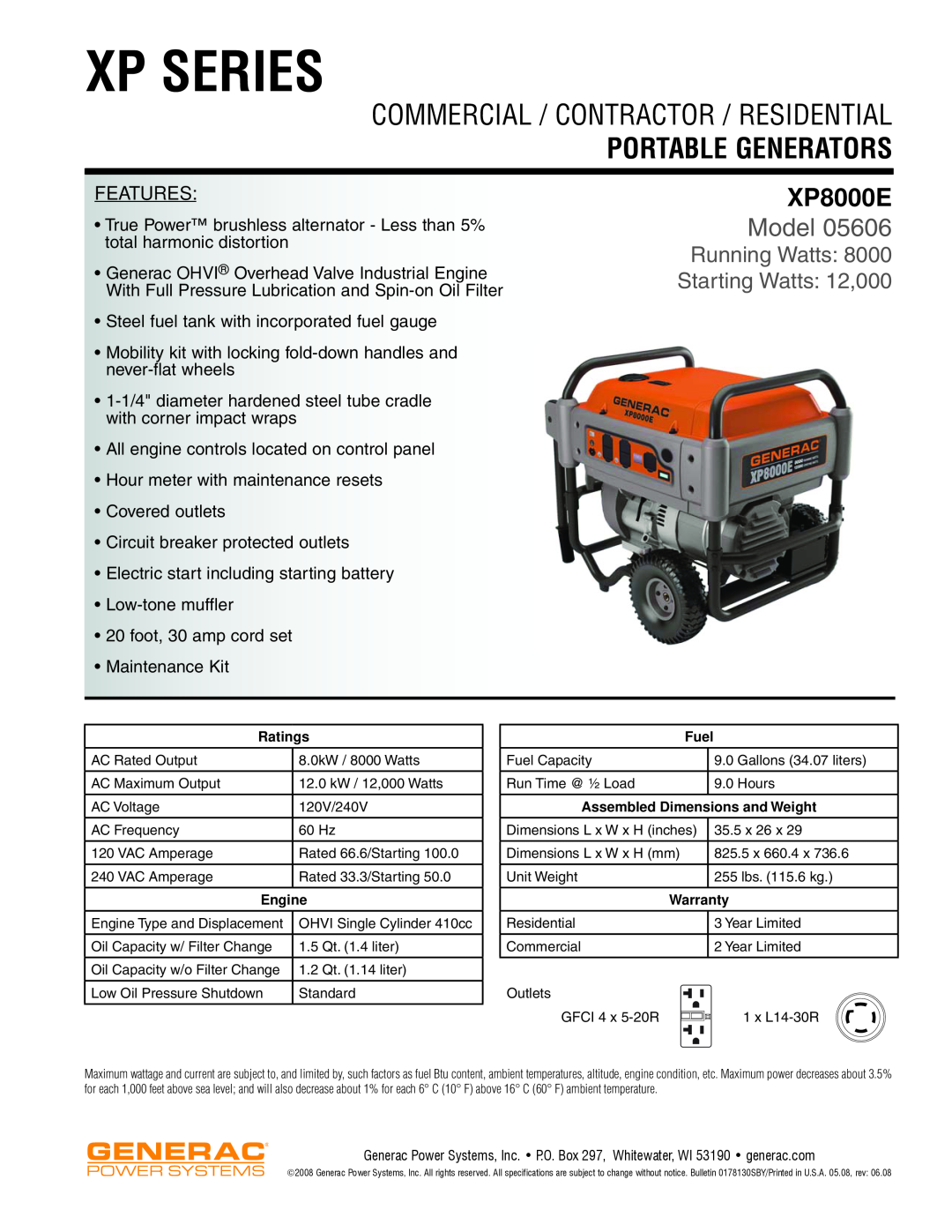 Generac Power Systems 05606 dimensions Xp Series, Commercial / Contractor / Residential, Portable Generators, XP8000E 