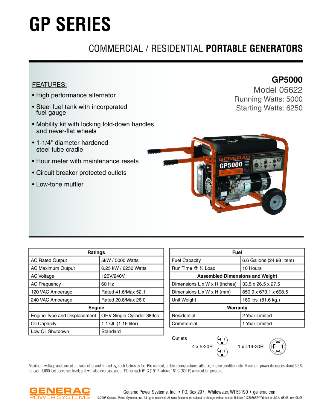 Generac Power Systems 05622 dimensions GP Series, Commercial / Residential Portable Generators, GP5000, Model 