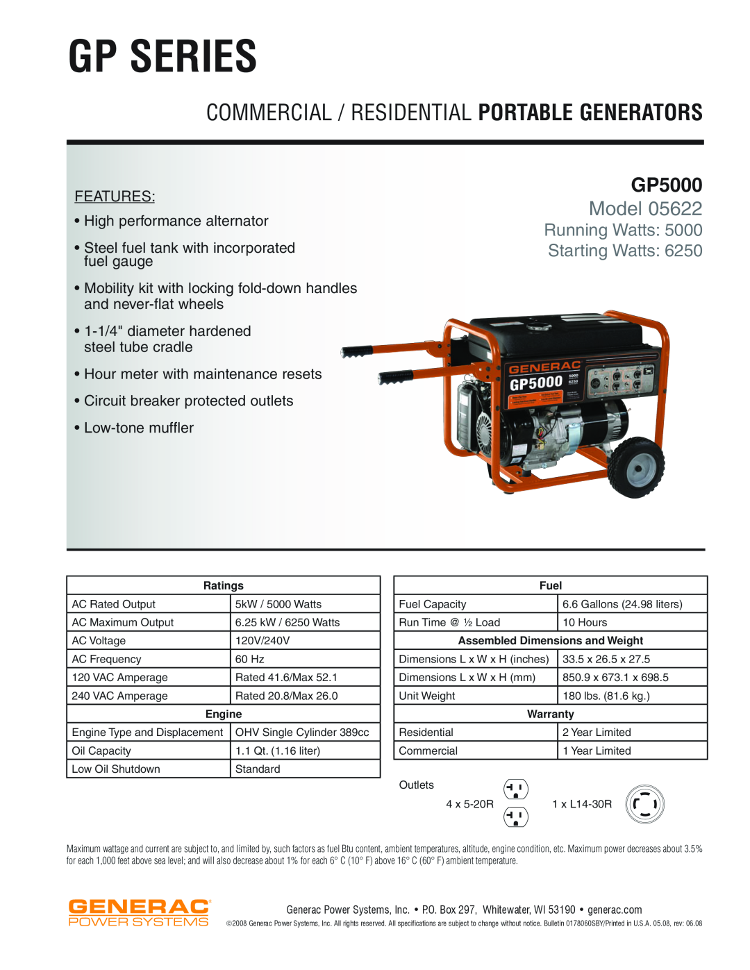 Generac Power Systems 05622 dimensions Gp Series, Commercial / Residential Portable Generators, GP5000, Model, Ratings 