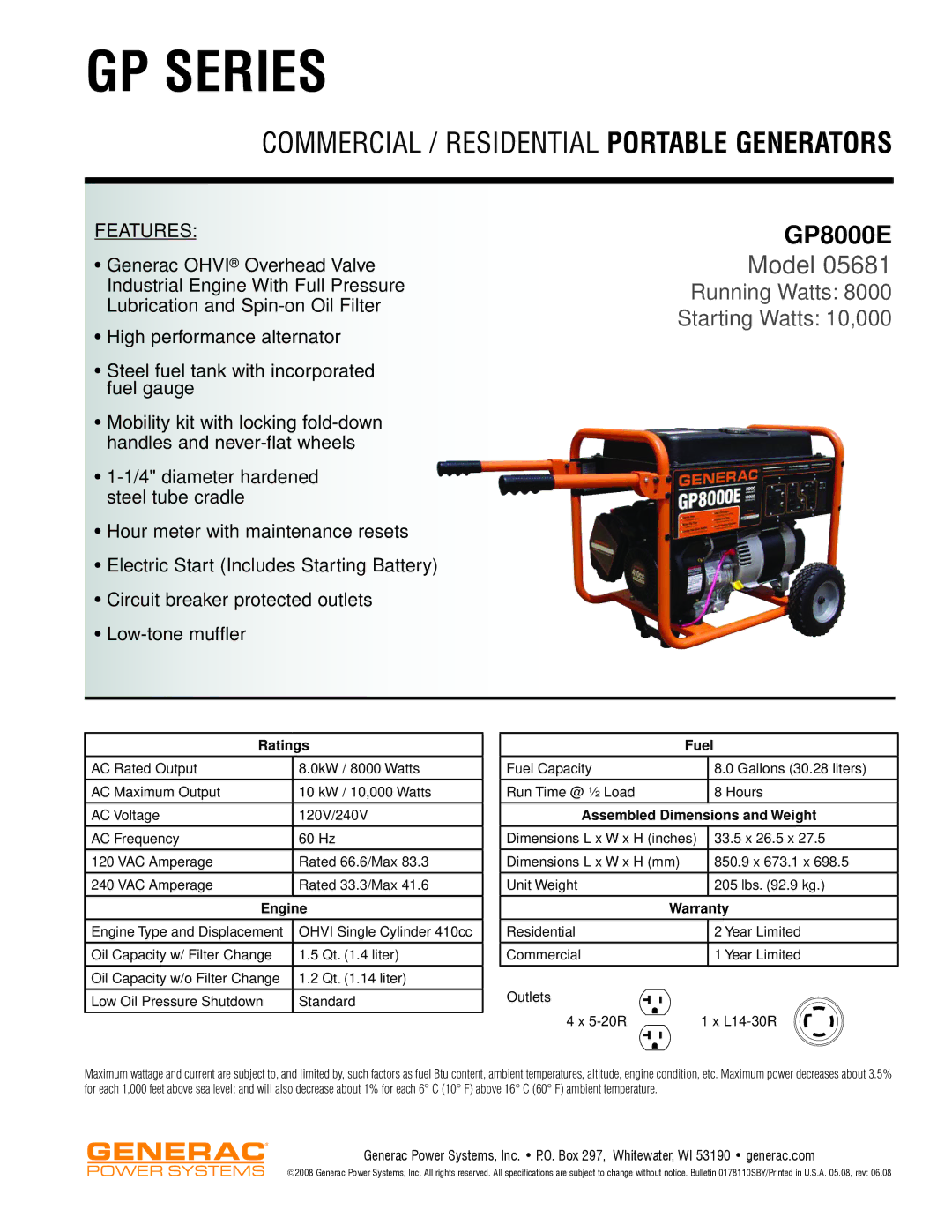 Generac Power Systems 05681 dimensions GP Series, Commercial / Residential Portable Generators, GP8000E, Model 