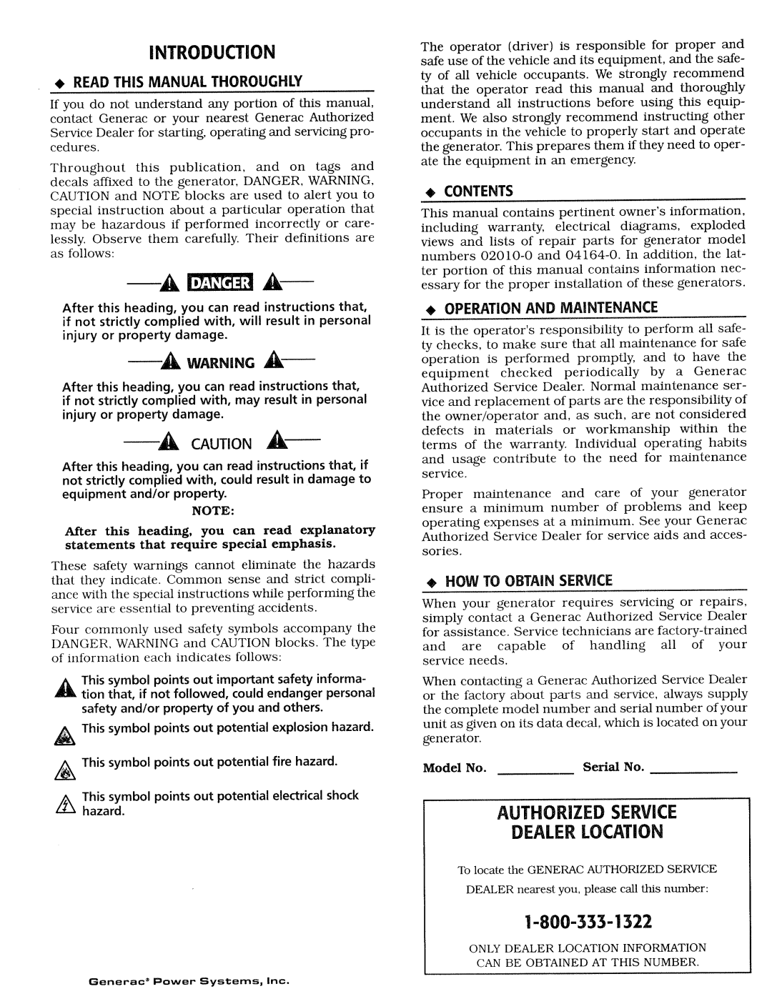 Generac Power Systems 0784-1 manual 